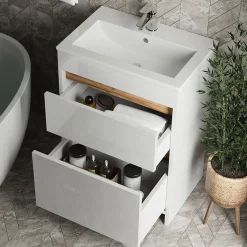 Waschbeckenunterschrank Detmold Weiß Hochglanz/Goldkraft Eiche 2 Teile, Unterschrank 60 cm Vicco