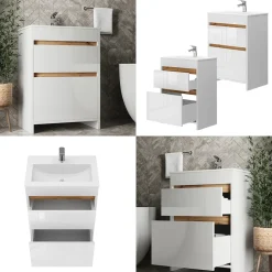 Waschbeckenunterschrank Detmold Weiß Hochglanz/Goldkraft Eiche 2 Teile, Unterschrank 60 cm Vicco