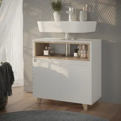 Waschbeckenunterschrank Elnor Weiß/Eiche 60 x 61 cm mit 2 Türen Vicco