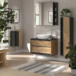 Waschbeckenunterschrank Edelin Anthrazit/Artisan 80 x 50 cm mit 2 Schubladen Vicco