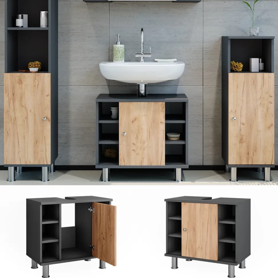 Waschbeckenunterschrank Fynn Goldkraft Eiche/Anthrazit 60 x 54 cm mit 6 Ablage Vicco