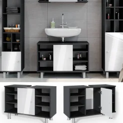 Waschbeckenunterschrank Fynn Anthrazit/Weiß Hochglanz 80 x 54 cm mit 6 Ablage Vicco