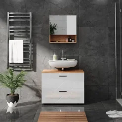 Waschbeckenunterschrank Irma Weiß Hochglanz/Goldkraft Eiche 80 x 58.6 cm Vicco