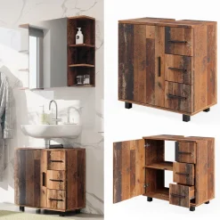 Waschbeckenunterschrank Ilias Eiche rustikal 60 x 60.8 cm mit Tür und 3 Schubladen Vicco