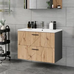 Waschbeckenunterschrank Irma Anthrazit/Artisan 80 x 57 cm mit 2 Schubladen Vicco