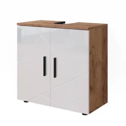 Waschbeckenunterschrank Irma Weiß Hochglanz/Goldkraft Eiche 60 x 59 cm Vicco