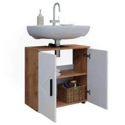 Waschbeckenunterschrank Irma Weiß Hochglanz/Goldkraft Eiche 60 x 59 cm Vicco