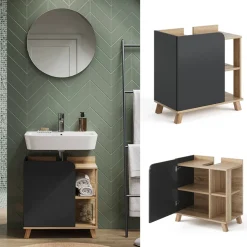 Waschbeckenunterschrank Karen Sonoma/Anthrazit 60 x 65 cm mit Tür und offenen Fächern Vicco