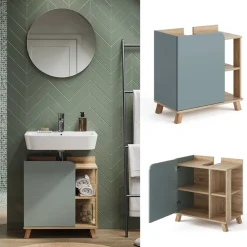 Waschbeckenunterschrank Karen Sonoma/Blau 60 x 65 cm mit Tür und offenen Fächern Vicco