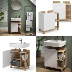 Waschbeckenunterschrank Karen Sonoma/Weiß 60 x 65 cm mit Tür und offenen Fächern Vicco