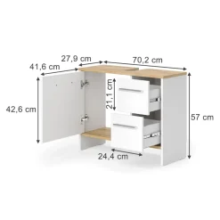 Waschbeckenunterschrank Karli Weiß/Goldkraft Eiche 70.2 x 57 cm mit 2 Schubladen und 1 Tür Vicco