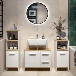 Waschbeckenunterschrank Karli Weiß/Goldkraft Eiche 70.2 x 57 cm mit 2 Schubladen und 1 Tür Vicco