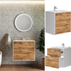 Waschbeckenunterschrank Lanco Weiß/Goldkraft Eiche 61 x 61.5 cm mit Waschbecken Vicco