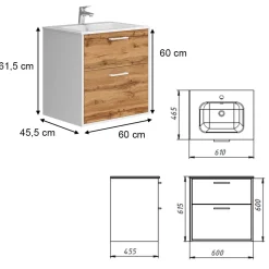 Waschbeckenunterschrank Lanco Weiß/Goldkraft Eiche 61 x 61.5 cm mit Waschbecken Vicco