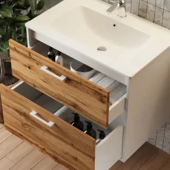 Waschbeckenunterschrank Lanco Weiß/Goldkraft Eiche 80 x 61.5 cm mit Waschbecken Vicco