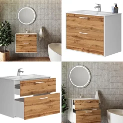 Waschbeckenunterschrank Lanco Weiß/Goldkraft Eiche 80 x 61.5 cm mit Waschbecken Vicco