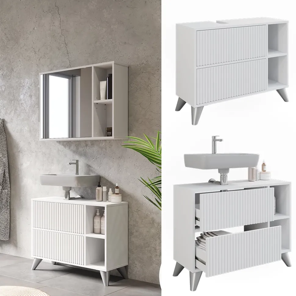 Waschbeckenunterschrank Leano Weiß 80 x 62 cm mit 2 Schubladen Vicco