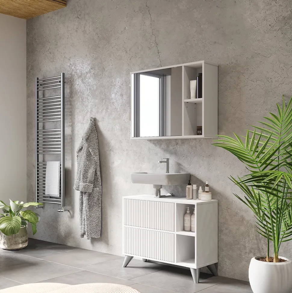 Waschbeckenunterschrank Leano Weiß 80 x 62 cm mit 2 Schubladen Vicco