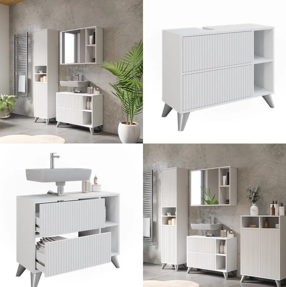 Waschbeckenunterschrank Leano Weiß 80 x 62 cm mit 2 Schubladen Vicco