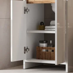 Waschbeckenunterschrank Lemgo Weiß Hochglanz 2 Teile, mit Waschbecken und 2 Flügeltüren Vicco