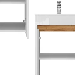 Waschbeckenunterschrank Lemgo Weiß Hochglanz 2 Teile, mit Waschbecken und 2 Flügeltüren Vicco