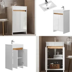 Waschbeckenunterschrank Lemgo Weiß Hochglanz 2 Teile, mit Waschbecken und 2 Flügeltüren Vicco