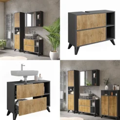 Waschbeckenunterschrank Leano Anthrazit/Bergeiche 80 x 62 cm mit 2 Schubladen Vicco