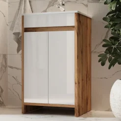 Waschbeckenunterschrank Lemgo Goldkraft Eiche 2 Teile, mit Waschbecken und 2 Flügeltüren Vicco