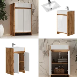 Waschbeckenunterschrank Lemgo Goldkraft Eiche 2 Teile, mit Waschbecken und 2 Flügeltüren Vicco