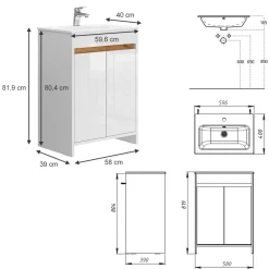 Waschbeckenunterschrank Lemgo Weiß Hochglanz 2 Teile, Unterschrank 60 cm Vicco