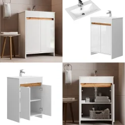 Waschbeckenunterschrank Lemgo Weiß Hochglanz 2 Teile, Unterschrank 60 cm Vicco