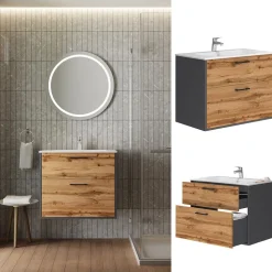 Waschbeckenunterschrank Lanco Anthrazit/Goldkraft Eiche 80 x 61.5 cm mit Waschbecken Vicco