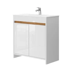 Waschbeckenunterschrank Lemgo Weiß Hochglanz 2 Teile, Unterschrank 80 cm Vicco