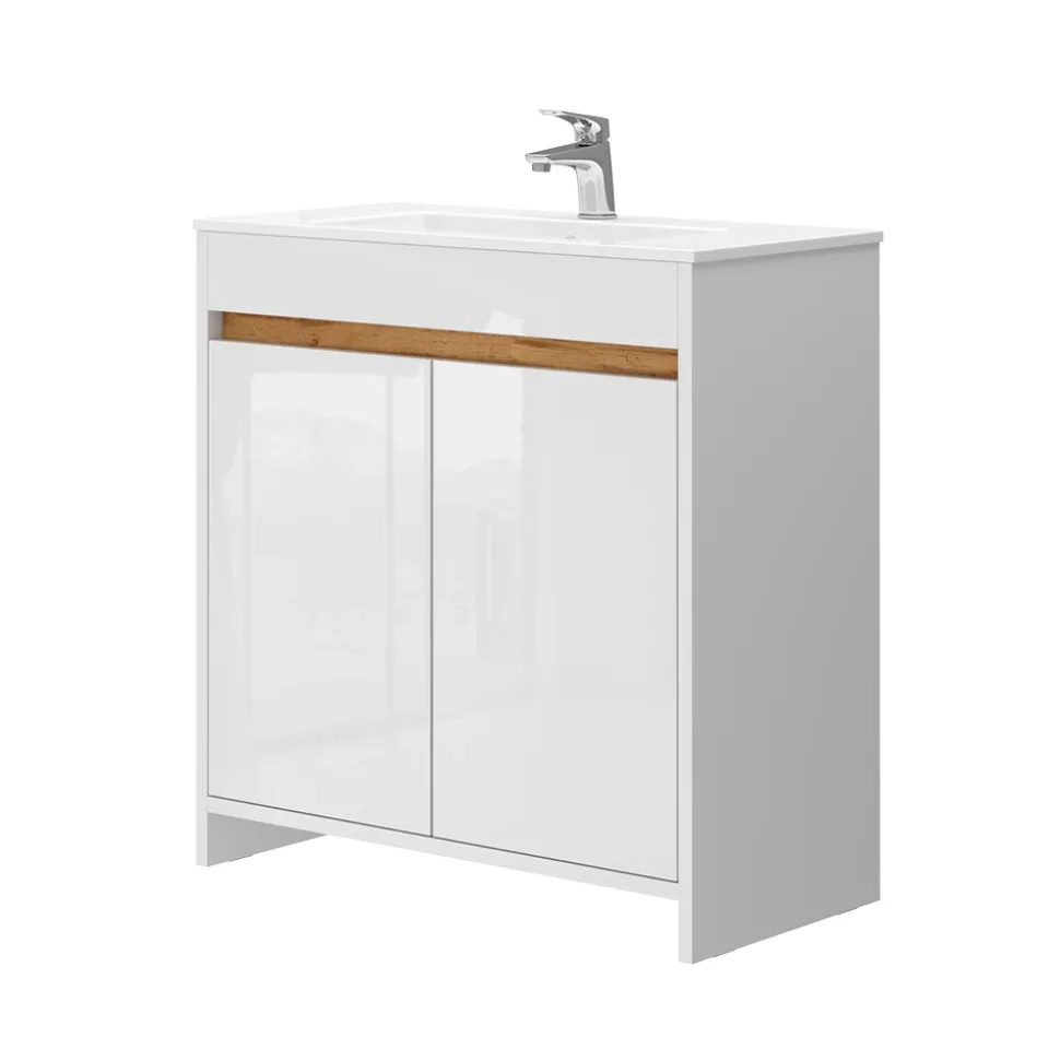 Waschbeckenunterschrank Lemgo Weiß Hochglanz 2 Teile, Unterschrank 80 cm Vicco