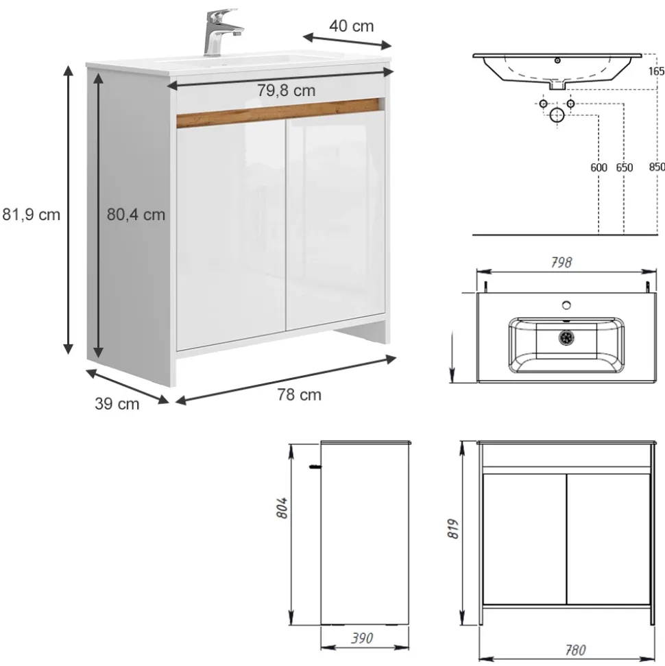 Waschbeckenunterschrank Lemgo Weiß Hochglanz 2 Teile, Unterschrank 80 cm Vicco