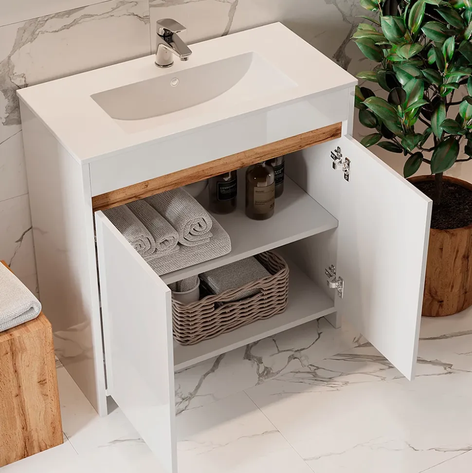 Waschbeckenunterschrank Lemgo Weiß Hochglanz 2 Teile, Unterschrank 80 cm Vicco