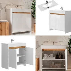 Waschbeckenunterschrank Lemgo Weiß Hochglanz 2 Teile, Unterschrank 80 cm Vicco