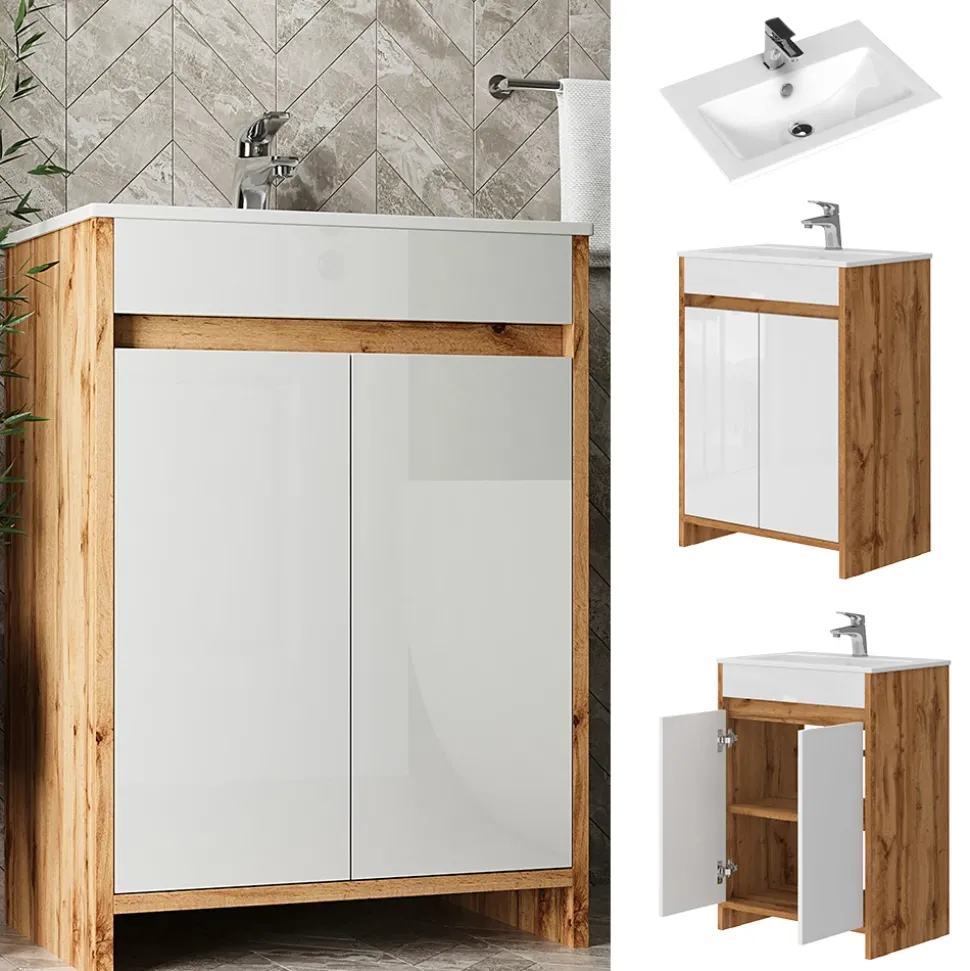 Waschbeckenunterschrank Lemgo Goldkraft Eiche 2 Teile Vicco