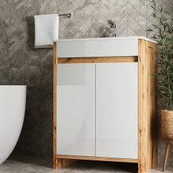 Waschbeckenunterschrank Lemgo Goldkraft Eiche 2 Teile Vicco