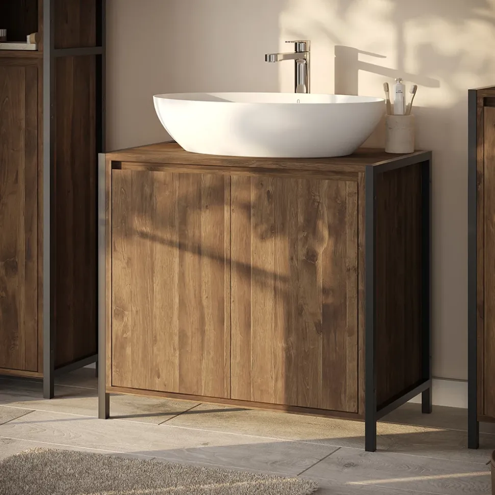 Waschbeckenunterschrank Naola Eiche/Schwarz 70 x 65 cm mit 2 geschlossenen Ablagefächern Vicco