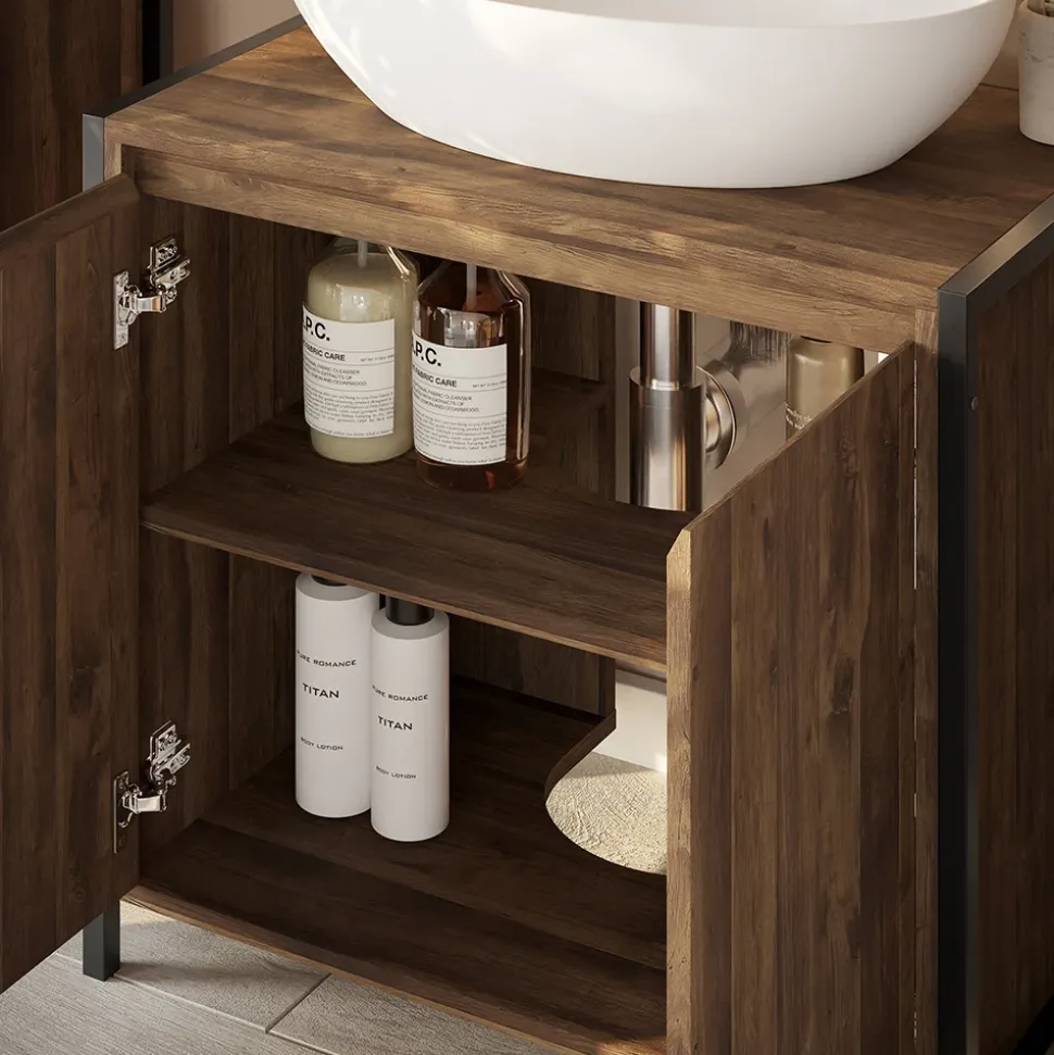 Waschbeckenunterschrank Naola Eiche/Schwarz 70 x 65 cm mit 2 geschlossenen Ablagefächern Vicco