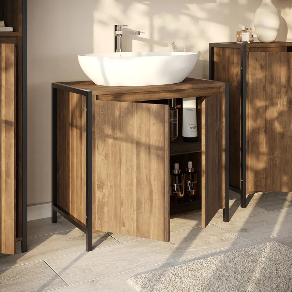 Waschbeckenunterschrank Naola Eiche/Schwarz 70 x 65 cm mit 2 geschlossenen Ablagefächern Vicco