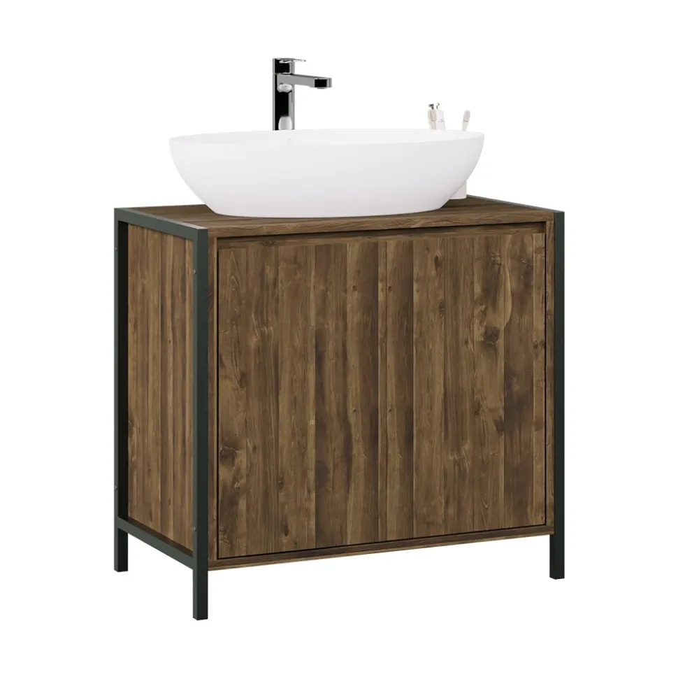 Waschbeckenunterschrank Naola Eiche/Schwarz 70 x 65 cm mit 2 geschlossenen Ablagefächern Vicco