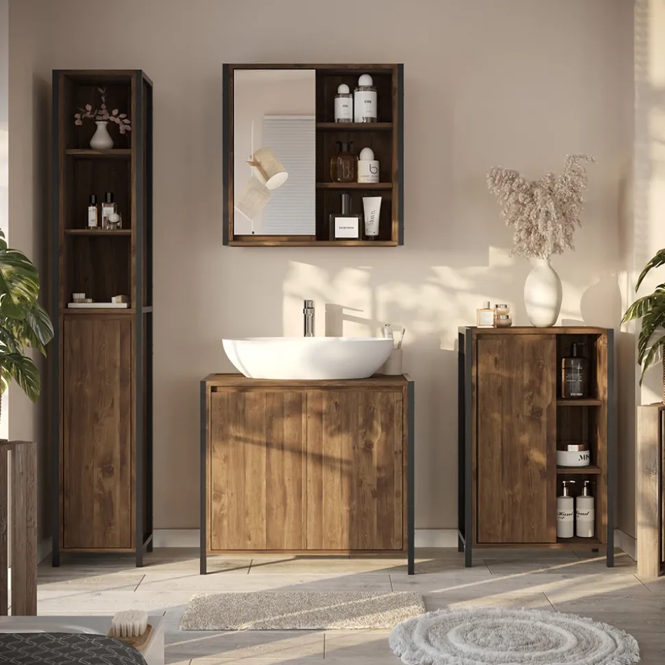 Waschbeckenunterschrank Naola Eiche/Schwarz 70 x 65 cm mit 2 geschlossenen Ablagefächern Vicco