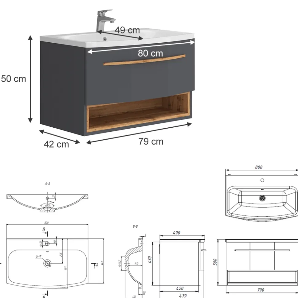 Waschbeckenunterschrank Stelantis Anthrazit 2 Teile Vicco