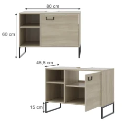 Waschbeckenunterschrank Vionna Eiche/Schwarz 80 x 60 cm mit 2 offenen Fächern Vicco