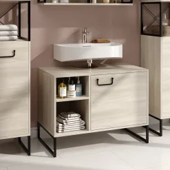 Waschbeckenunterschrank Vionna Eiche/Schwarz 80 x 60 cm mit 2 offenen Fächern Vicco